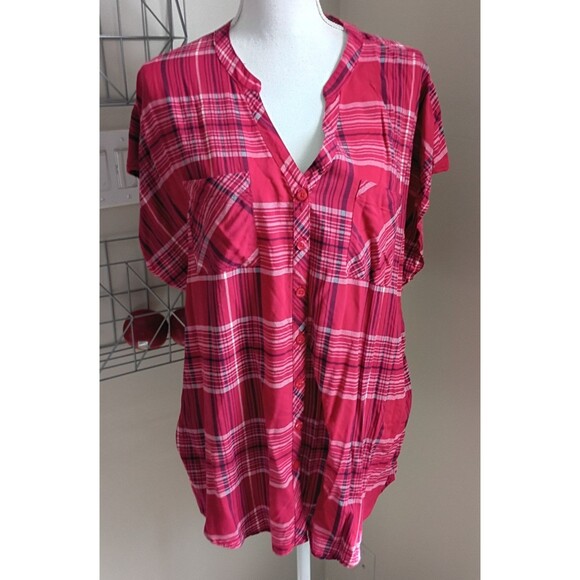 Torrid Red Challis Plaid button front short Dolman Sleeve blouse 2X - Picture 1 of 8